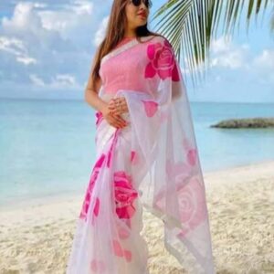 Handcrafted Half-Silk Saree with Artistic Printed Cotton Design