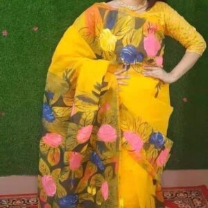 Handcrafted Half Silk Saree with Artistic Printed Cotton Detailing