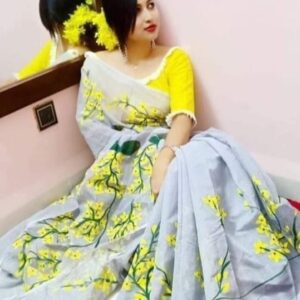 Handcrafted Half-Silk Saree with Artistic Printed Cotton Detailing