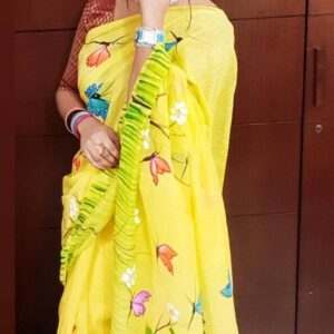 Handcrafted Half Silk Saree with Artistic Printed Cotton Detailing