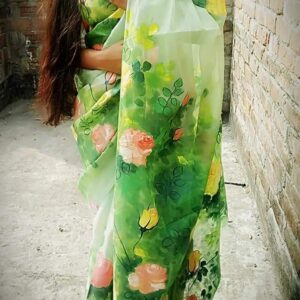 Handcrafted Half Silk Saree with Artistic Printed Cotton Detailing