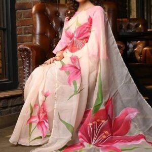 Handcrafted Half-Silk Saree with Artistic Printed Cotton Detailing