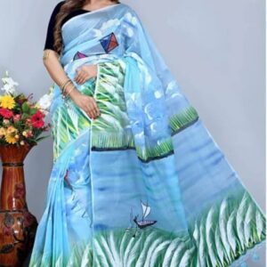 Handcrafted Half-Silk Saree with Artistic Printed Cotton Detailing