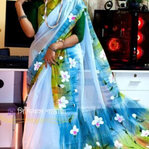 Handcrafted Half-Silk Saree with Artistic Printed Cotton Detailing