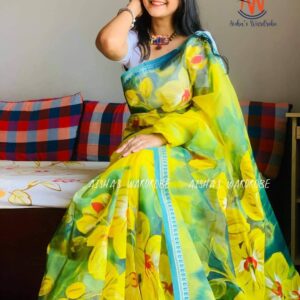 Handcrafted Half-Silk Saree with Artistic Printed Cotton Detailing