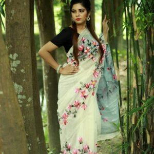 Handcrafted Half Silk Saree with Artistic Printed Cotton Detailing