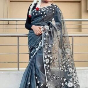 Handcrafted Half-Silk Saree with Artistic Printed Cotton Detailing
