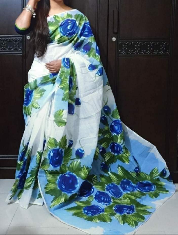 Handcrafted Half-Silk Saree with Artistic Printed Cotton Detailing % Handcrafted Half-Silk Saree with Artistic Printed Cotton Detailing