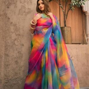 Handcrafted Half-Silk Saree with Artistic Printed Cotton Details