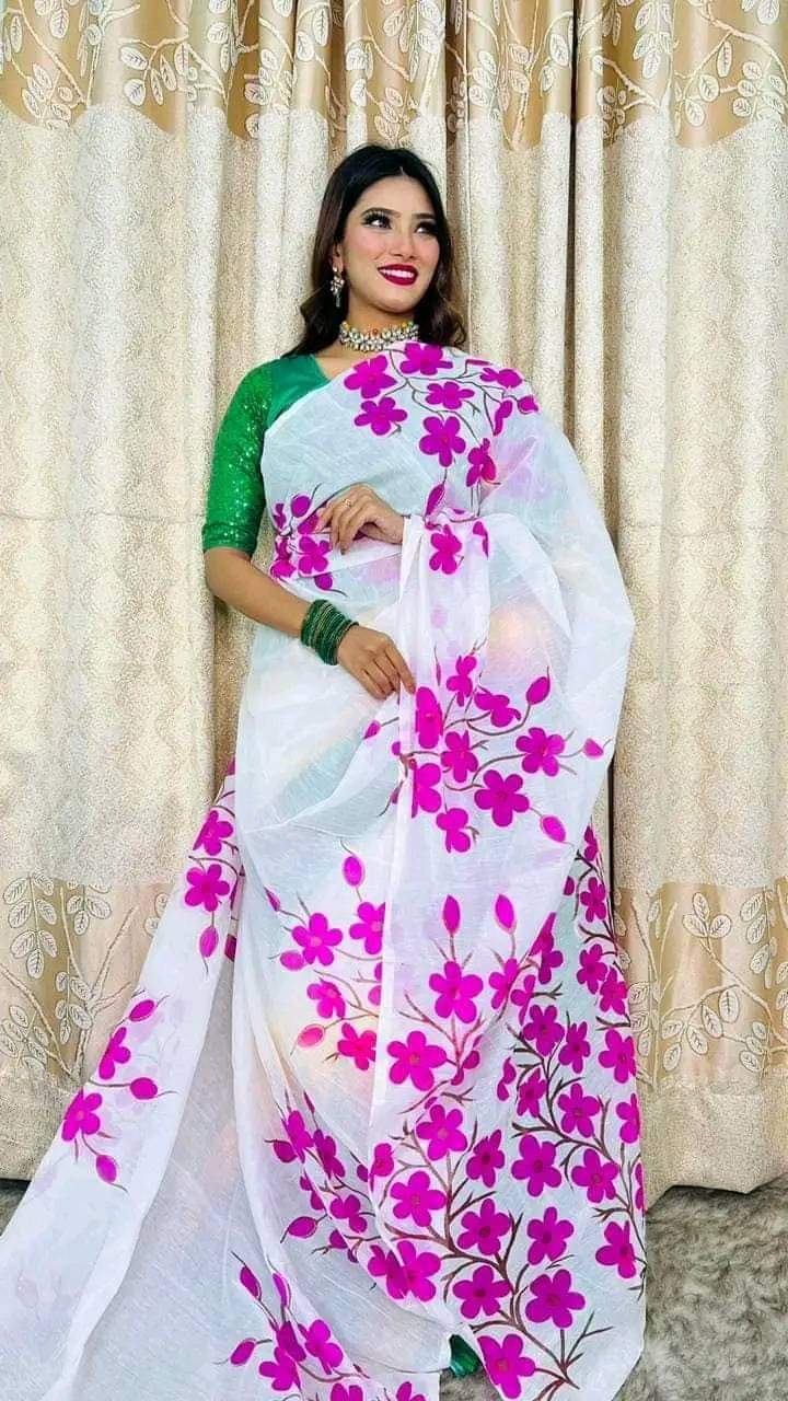 Handcrafted Half-Silk Saree with Artistic Printed Cotton Details % Handcrafted Half-Silk Saree with Artistic Printed Cotton Details