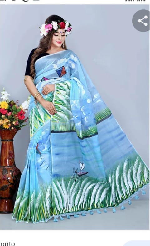 Handcrafted Half-Silk Saree with Artistic Printed Cotton Embellishments % Handcrafted Half-Silk Saree with Artistic Printed Cotton Embellishments