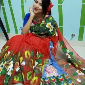 Handcrafted Half Silk Saree with Artistic Printed Cotton Work