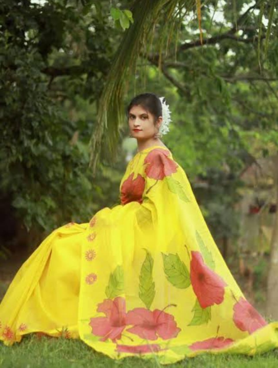 Handcrafted Half-Silk Saree with Artistic Printed Wool Design % Handcrafted Half-Silk Saree with Artistic Printed Wool Design