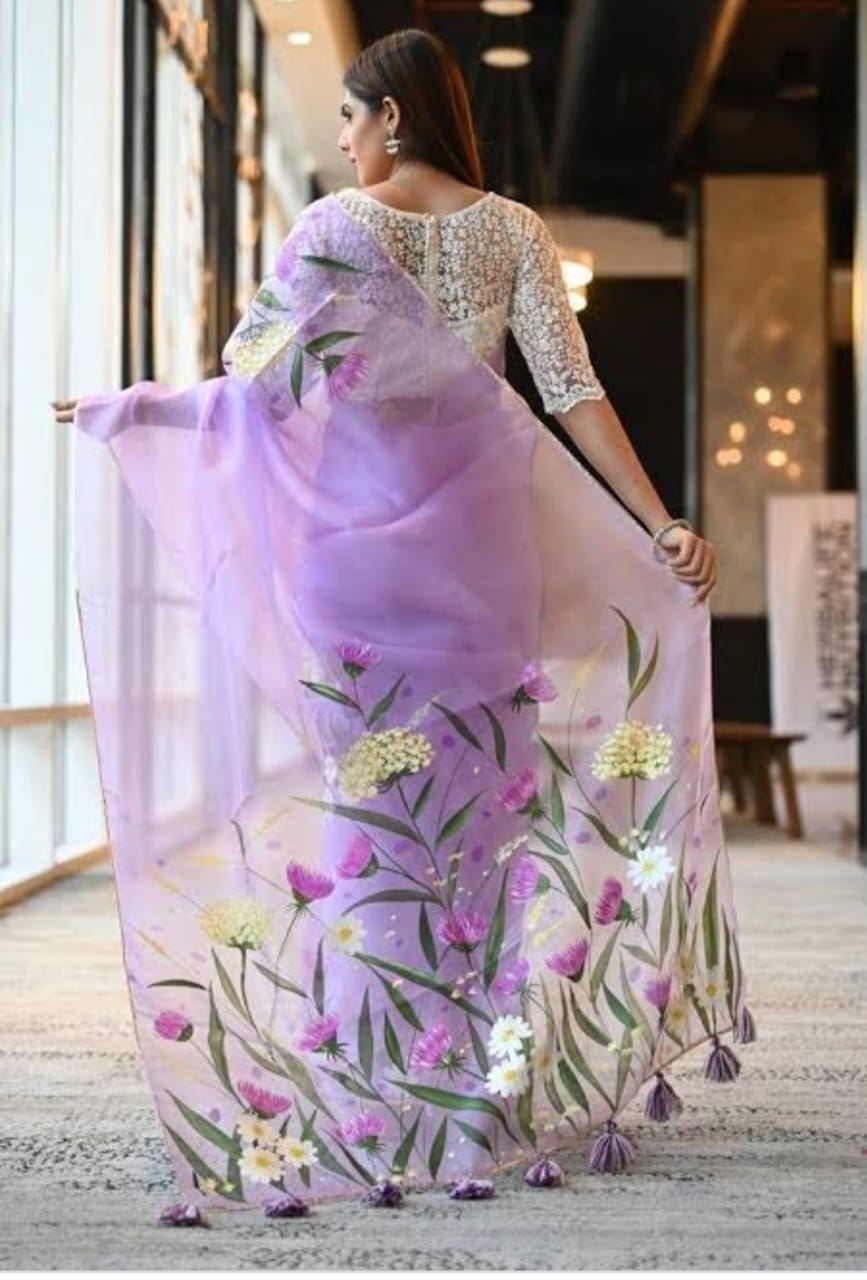 Handcrafted Half-Silk Saree with Artistic Printed Wool Design % Handcrafted Half-Silk Saree with Artistic Printed Wool Design
