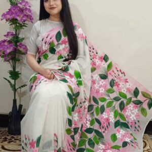 Handcrafted Half Silk Saree with Artistic Textured Print