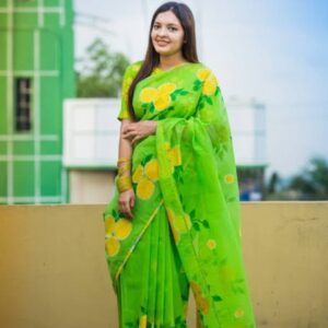 Handcrafted Half Silk Saree with Beautiful Printed Cotton Detailing