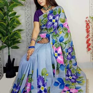 Handcrafted Half-Silk Saree with Elegant Print and Textured Detailing
