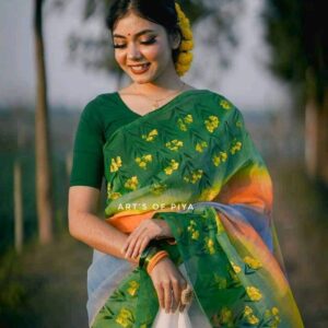 Handcrafted Half-Silk Saree with Elegant Printed Cotton Design