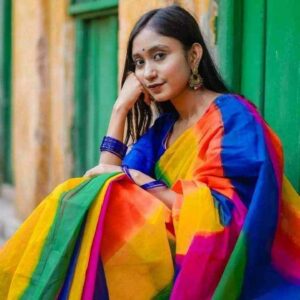 Handcrafted Half Silk Saree with Elegant Printed Cotton Detailing