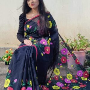 Handcrafted Half-Silk Saree with Elegant Printed Cotton Detailing