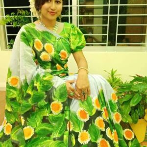Handcrafted Half Silk Saree with Elegant Printed Cotton Detailing