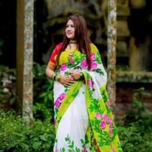 Handcrafted Half-Silk Saree with Elegant Printed Cotton Detailing