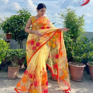 Handcrafted Half Silk Saree with Elegant Printed Cotton Work