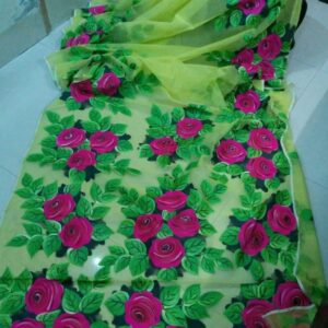Handcrafted Half-Silk Saree with Elegant Printed Wool Detailing