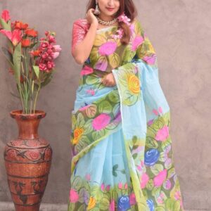 Handcrafted Half-Silk Saree with Elegant Printed Wool Detailing