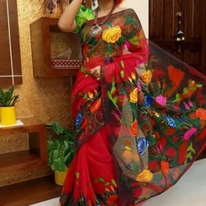 Handcrafted Half-Silk Saree with Intricate Cotton Print Design