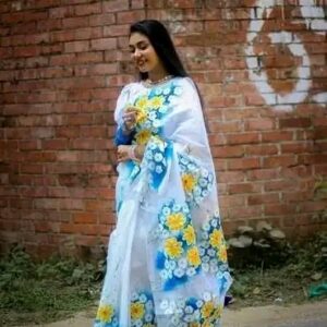 Handcrafted Half Silk Saree with Intricate Cotton Prints - Premium Quality