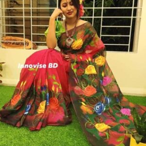 Handcrafted Half-Silk Saree with Intricate Hand-Printed Design