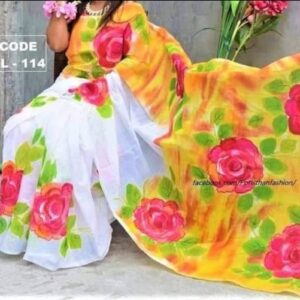 Handcrafted Half-Silk Saree with Intricate Printed Cotton Detailing