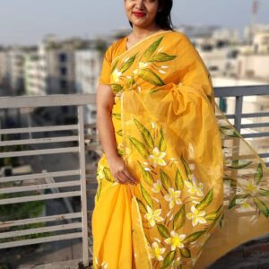 Handcrafted Half-Silk Saree with Intricate Printed Cotton Detailing