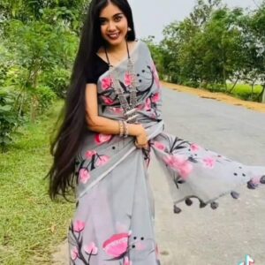 Handcrafted Half-Silk Saree with Intricate Printed Cotton Detailing