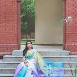 Handcrafted Half-Silk Saree with Intricate Printed Cotton Detailing