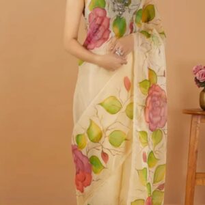 Handcrafted Half-Silk Saree with Intricate Printed Cotton Detailing