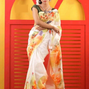 Handcrafted Half-Silk Saree with Intricate Printed Cotton Work