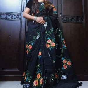 Handcrafted Half-Silk Saree with Intricate Printed Cotton Work