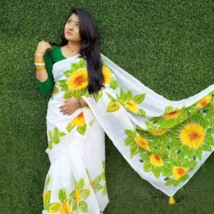 Handcrafted Half Silk Saree with Intricate Printed Wool Embroidery