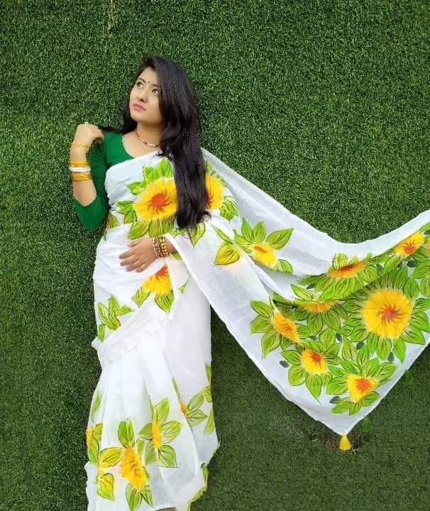 Handcrafted Half Silk Saree with Intricate Printed Wool Embroidery % Handcrafted Half Silk Saree with Intricate Printed Wool Embroidery