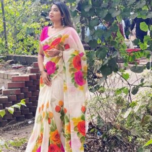 Handcrafted Half-Silk Saree with Intricate Woolen Print Design