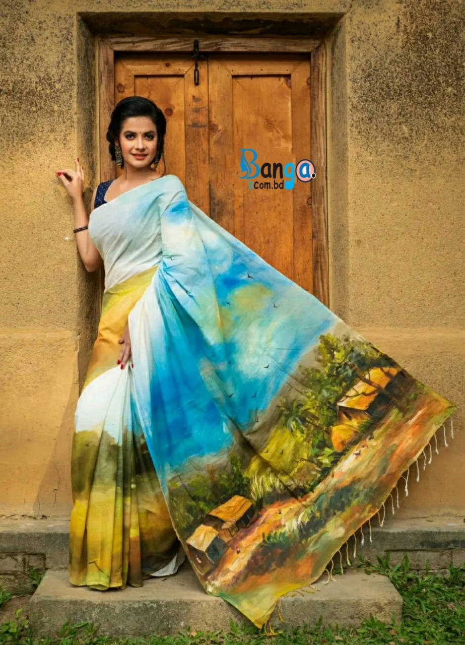 Handcrafted Half-Silk Saree with Unique Hand-Printed Cotton Design % Handcrafted Half-Silk Saree with Unique Hand-Printed Cotton Design