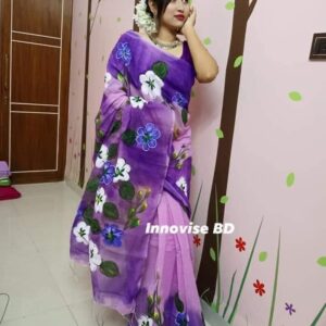 Handcrafted Half-Silk Saree with Unique Printed Cotton Design