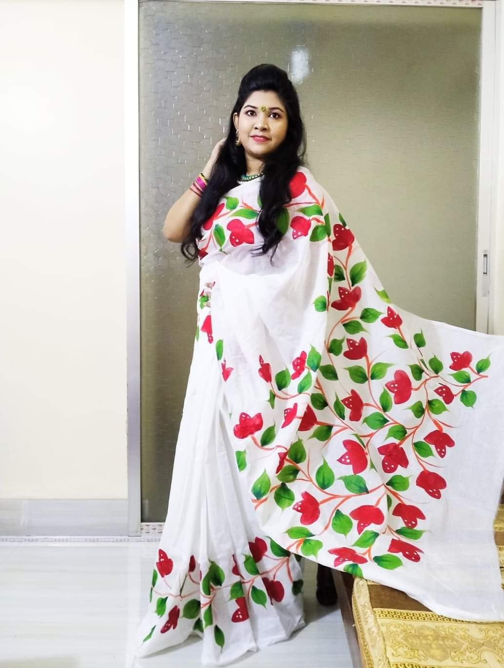 Handcrafted Half-Silk Saree with Unique Printed Cotton Embroidery % Handcrafted Half-Silk Saree with Unique Printed Cotton Embroidery