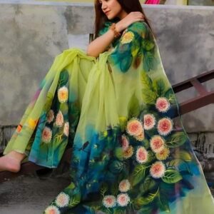 Handcrafted Half Silk Sari with Artistic Cotton Print Design