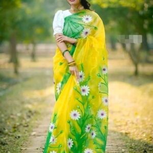 Handprinted Half Silk Saree with Intricate Cotton Embroidery - Premium Quality