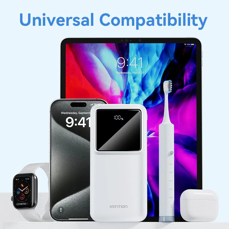 High-Capacity 10000mAh White Power Bank by Vention - Portable Charger % High-Capacity 10000mAh White Power Bank by Vention - Portable Charger
