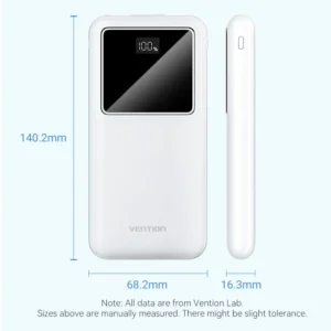 High-Capacity 10000mAh White Power Bank by Vention - Portable Charger