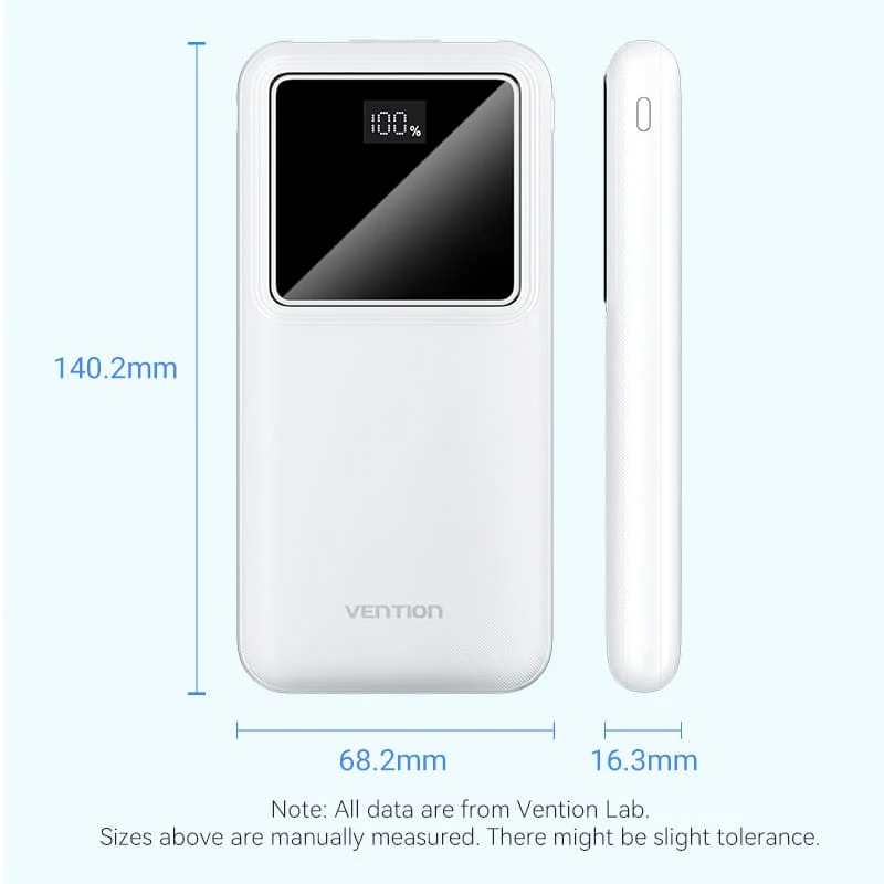 High-Capacity 10000mAh White Power Bank by Vention - Portable Charger % High-Capacity 10000mAh White Power Bank by Vention - Portable Charger